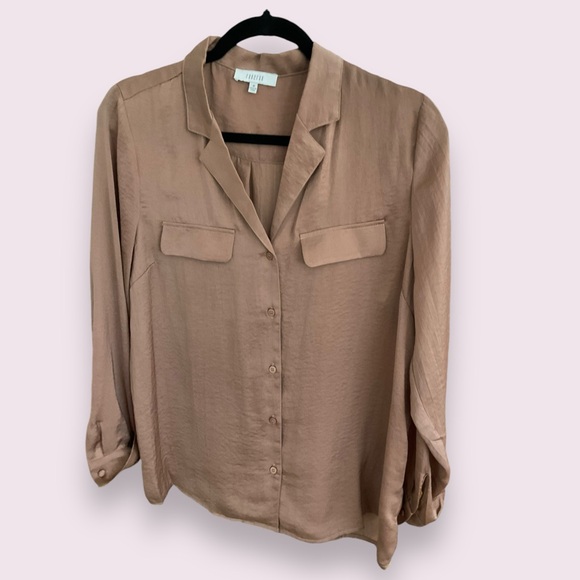 Fun 2 Fun, Mocha Button Down with Faux Front Pocket Flaps - Picture 1 of 8